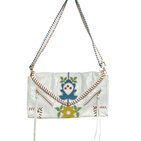 Loop Designer Envelope Purse Colorful Floral White Leather Stitching Bohemian - Picture 1 of 8